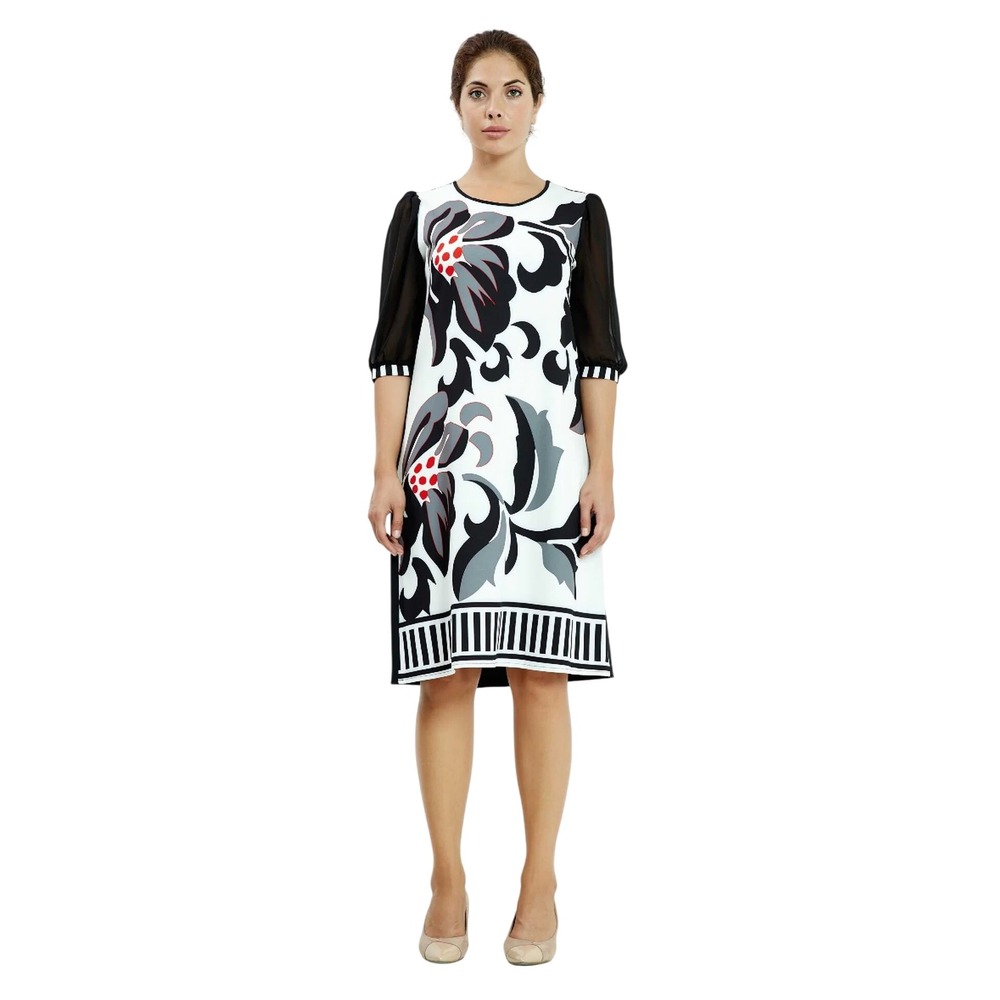 Black White Floral Sheer Puff Sleeve Lycra Midi Casual Dress